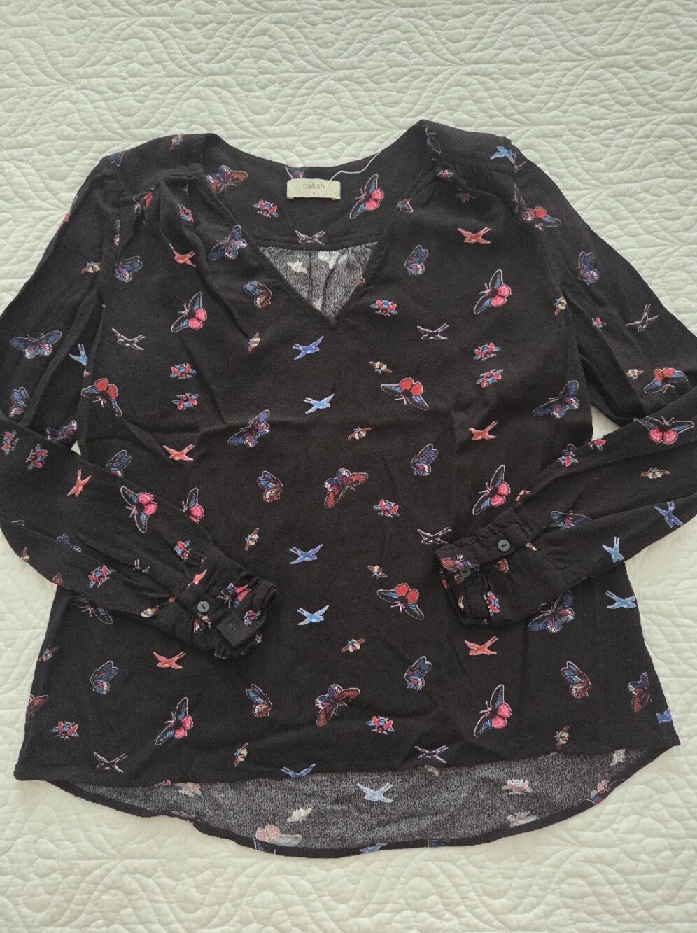 Ba&sh Black V-Neck Blouse with Pink and Blue Butterfly Print